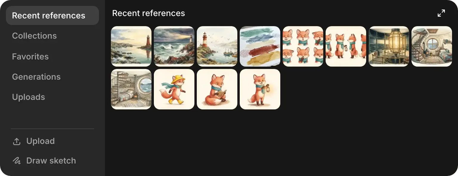 The image browser on Recent references, with the other sources (Collections, Favorites, Generations, Uploads) and the Upload and Draw sketch buttons.
