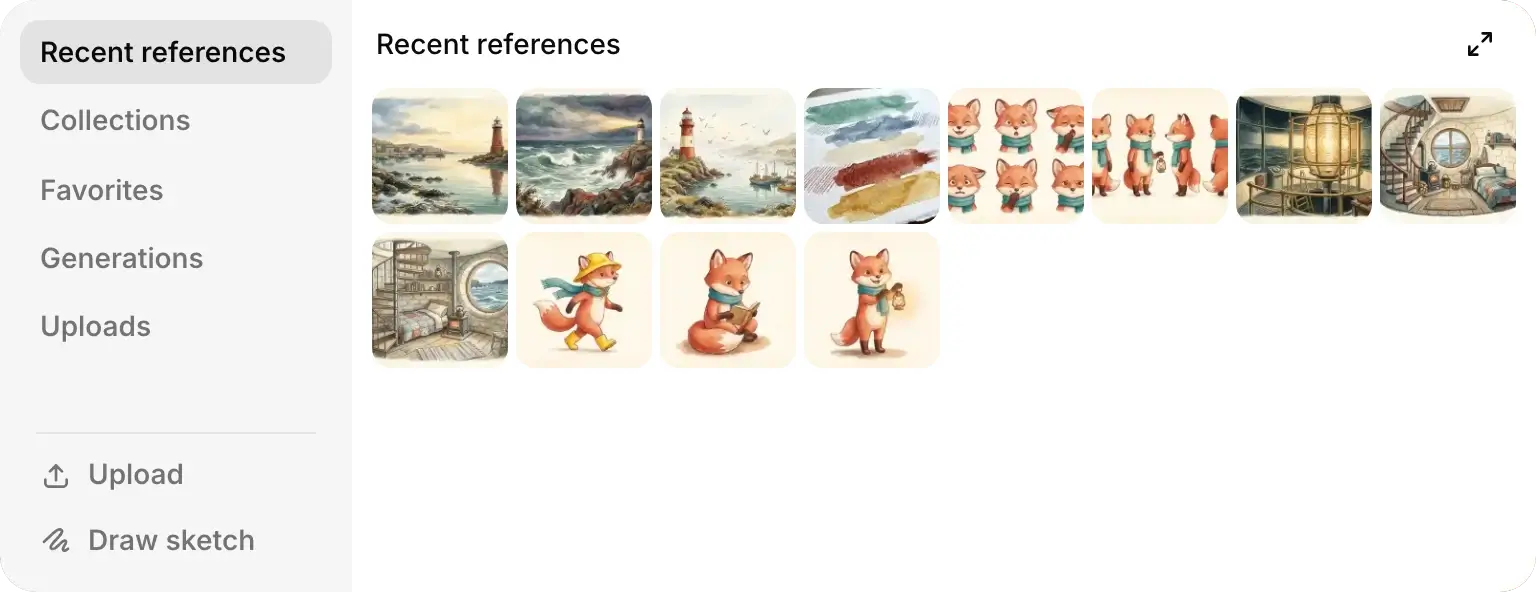 The image browser on Recent references, with the other sources (Collections, Favorites, Generations, Uploads) and the Upload and Draw sketch buttons.