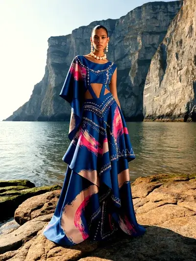 A model in a flowing blue and pink dress on rocks below sea cliffs