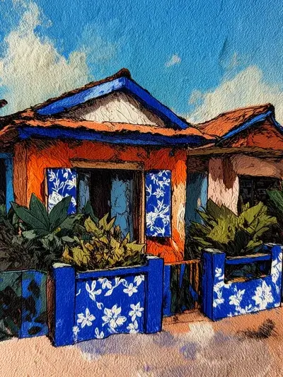A painted cottage with orange walls and a blue fence patterned with white flowers