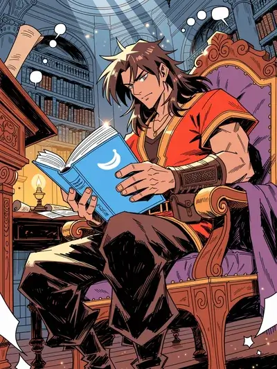 A comic-style hero reading a sky-blue hardcover book in a grand library