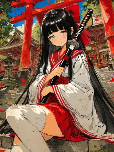 An anime shrine maiden with a sword resting beneath vermilion torii gates