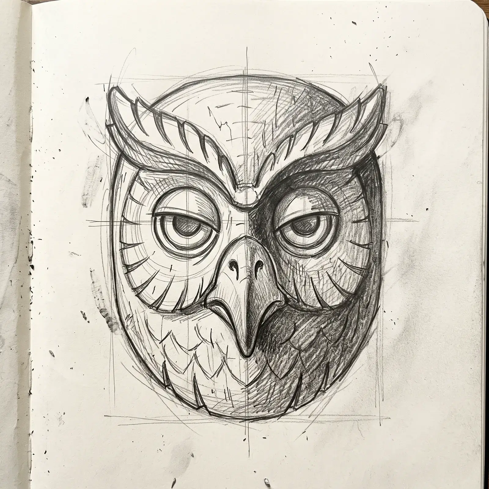 Graphite pencil sketch of a carved owl mask in a sketchbook, with construction lines and shading on one side