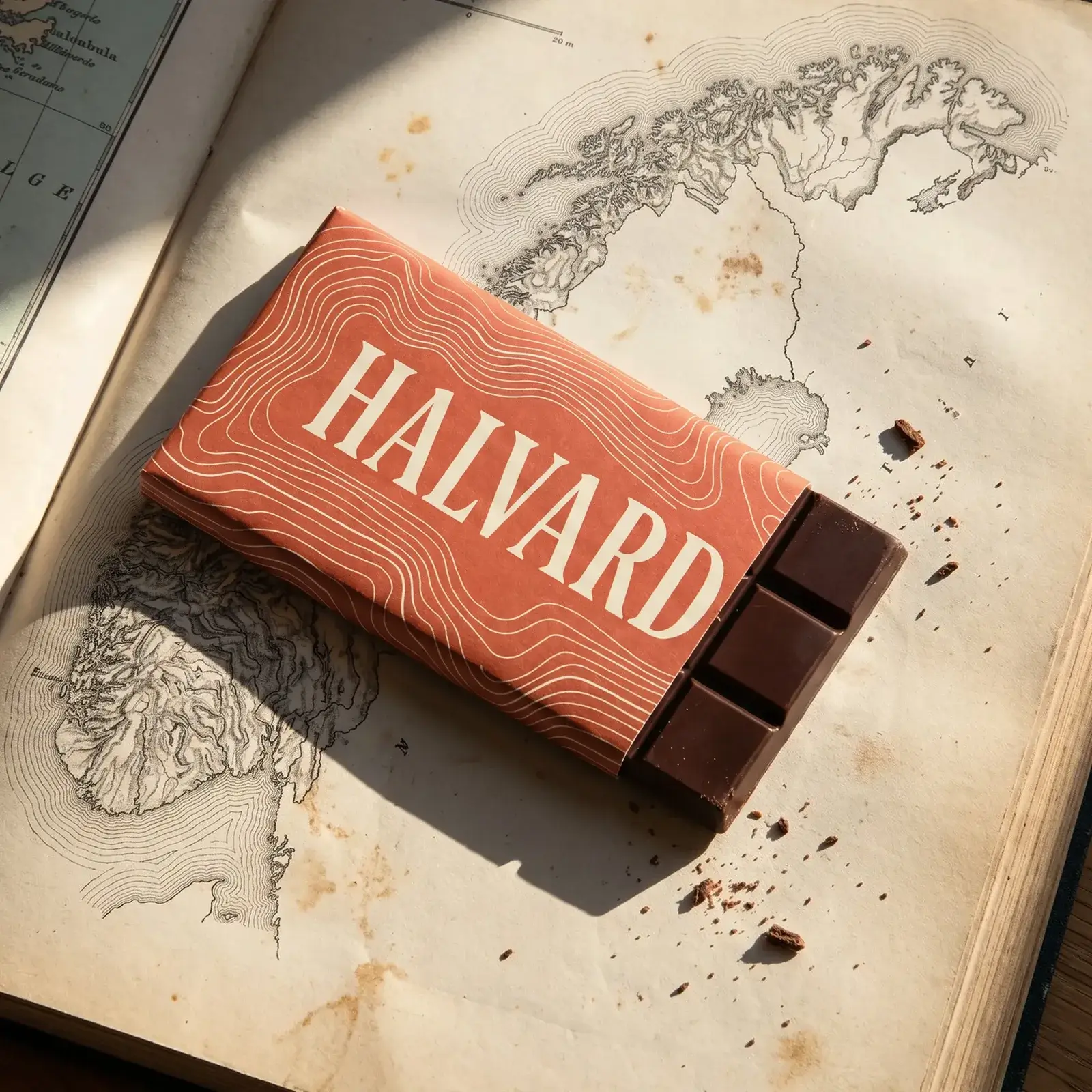 The Halvard bar on the atlas with its wrapper turned a muted coral, the contour lines, the HALVARD lettering, the bare squares and the light unchanged