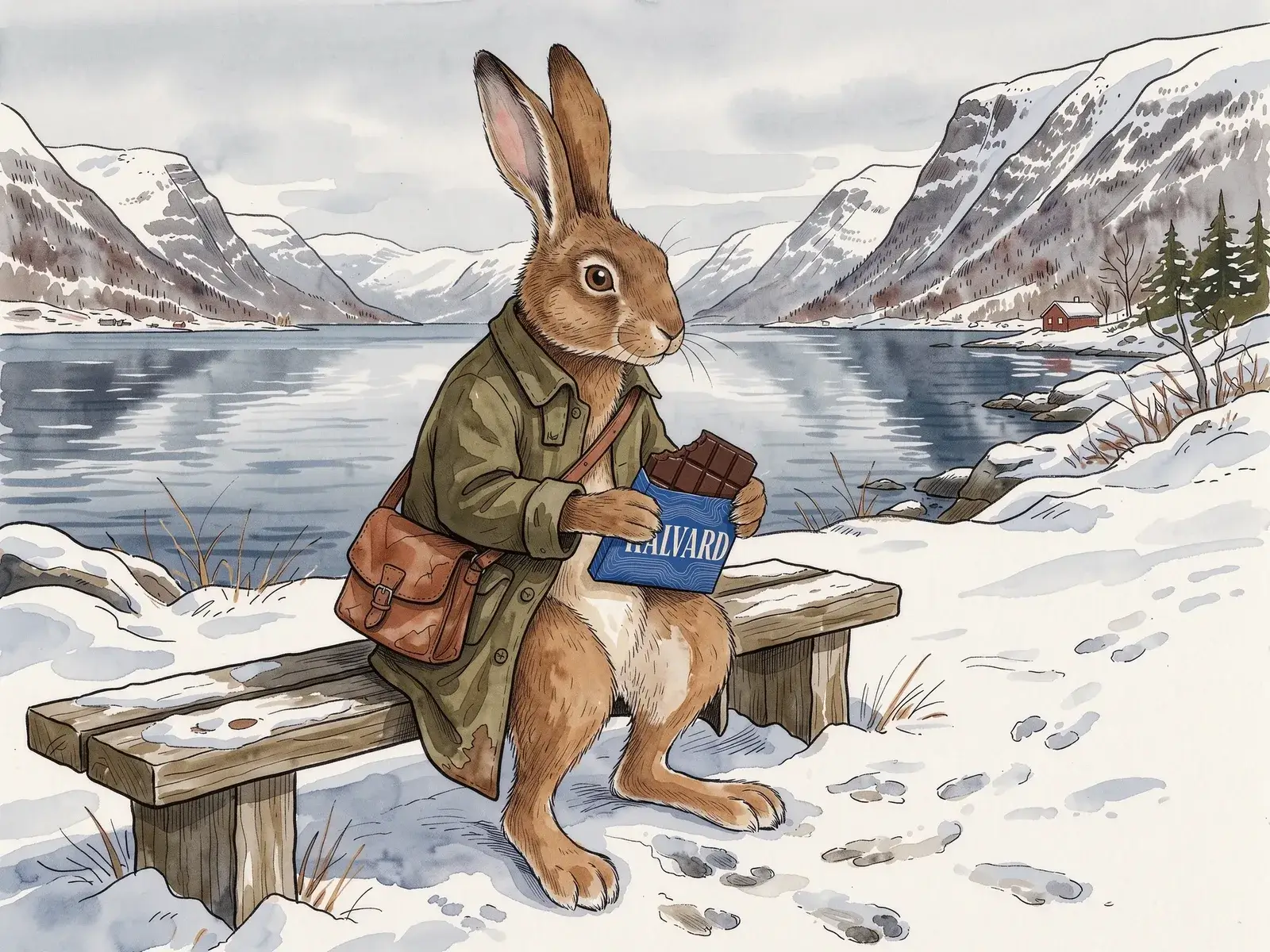 Fern the hare in an olive coat sits on a snowy bench by a fjord, breaking a square off a cobalt Halvard bar, drawn in ink and watercolour