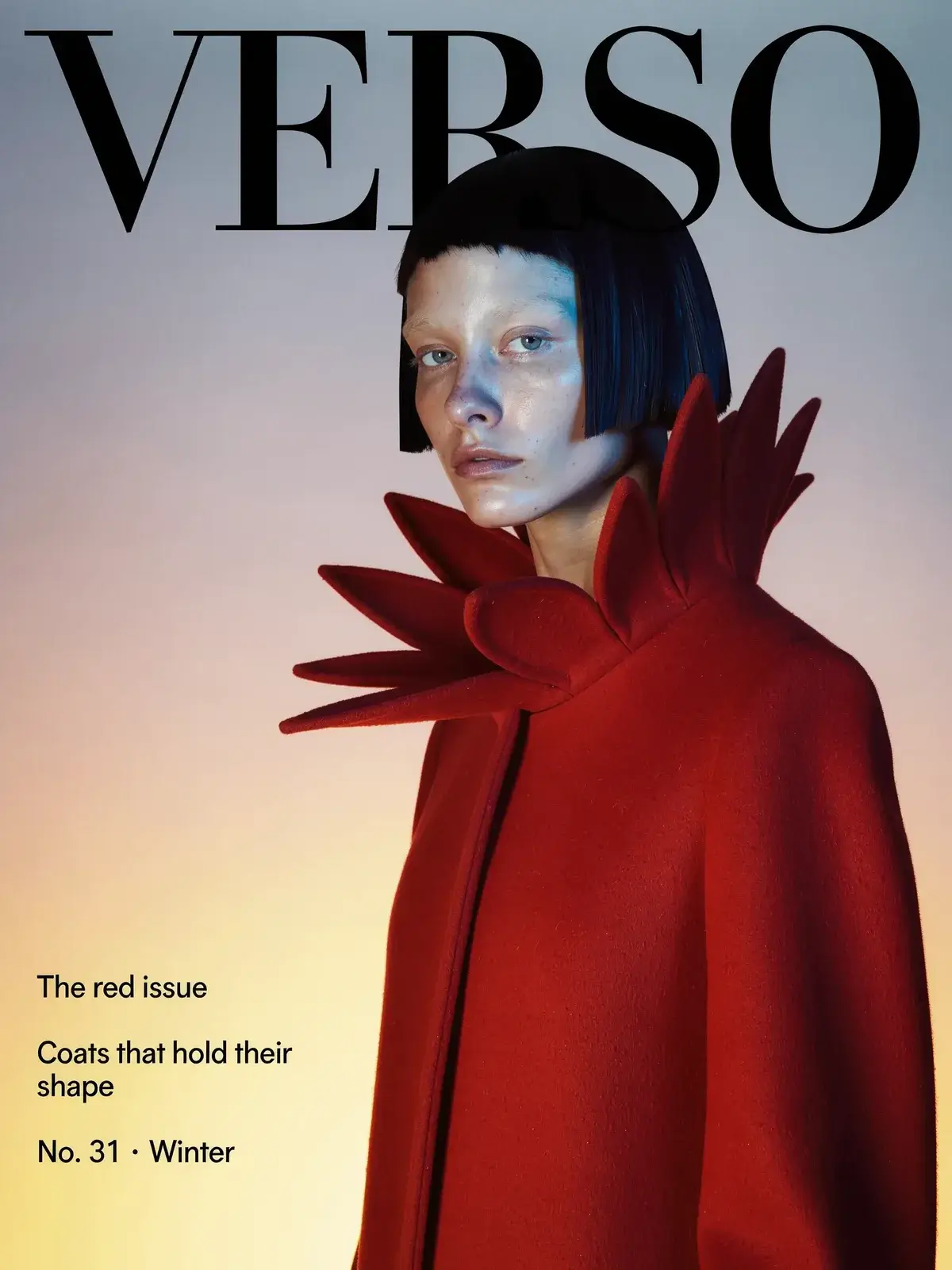 A magazine cover titled VERSO: a model with a black bob in a red wool coat whose collar fans out in stiff pointed petals, on a backdrop graded from yellow to violet, with three small cover lines at the lower left