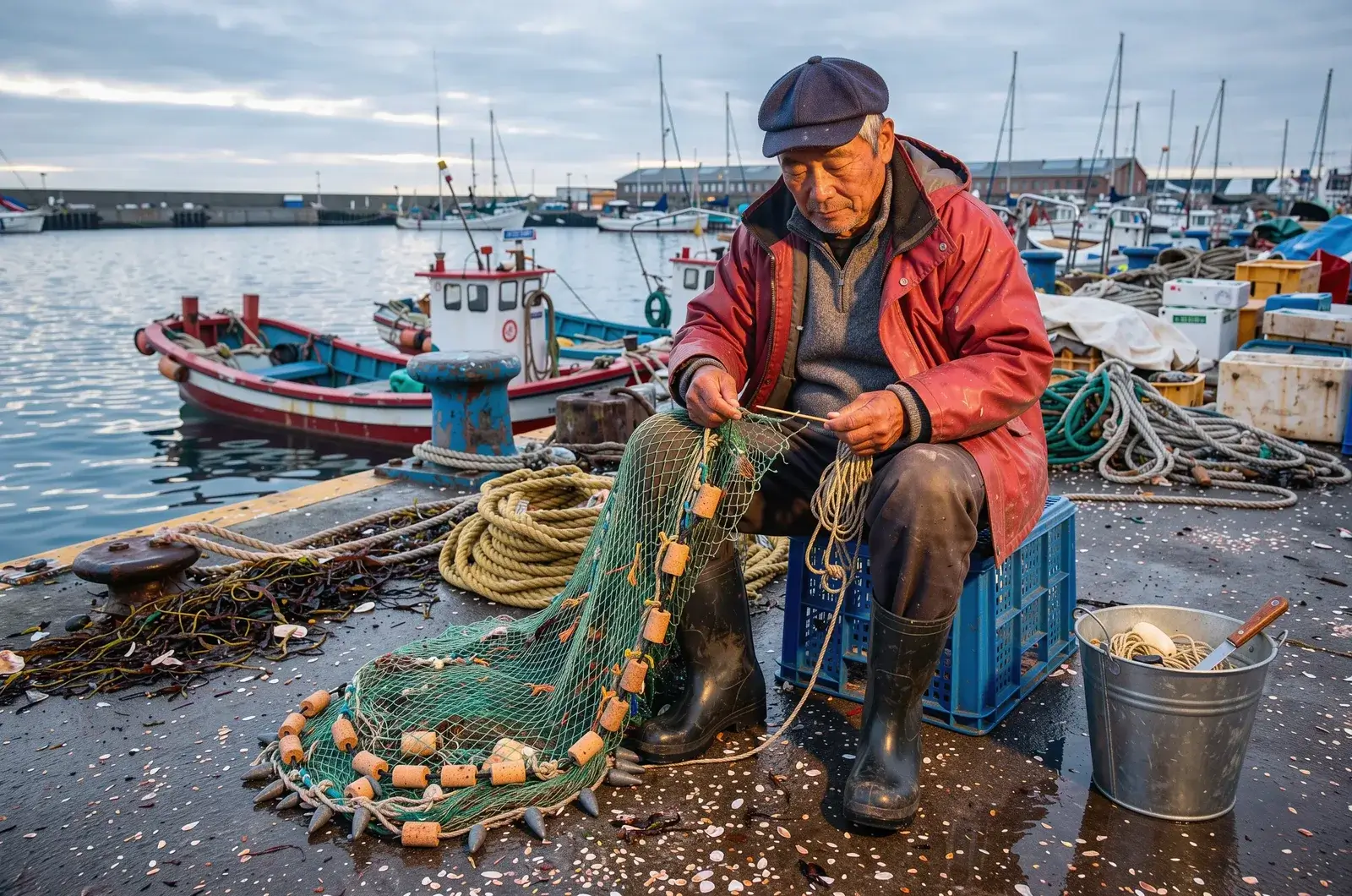 An old fisherman in a red jacket sits on a crate on a busy harbour quay, mending a green net among ropes, buckets and moored boats