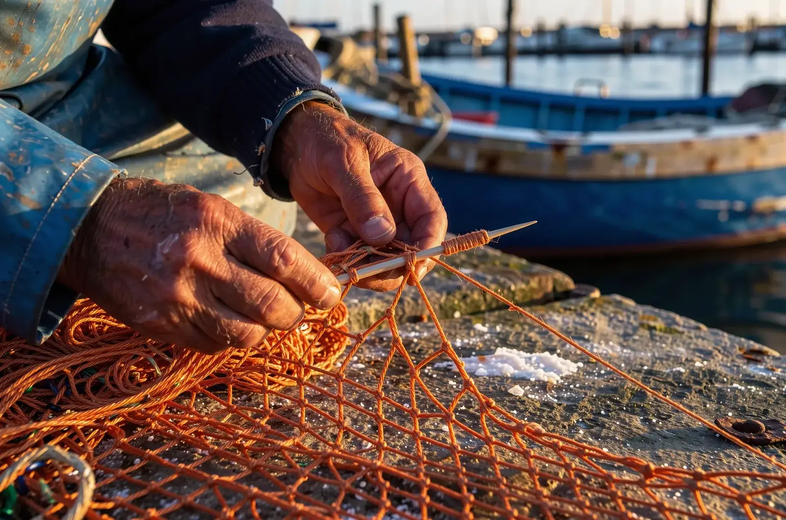 Close-up of an old fisherman's hands pulling a wooden netting needle through a bright orange net in low dawn sun, a blue boat hull soft behind