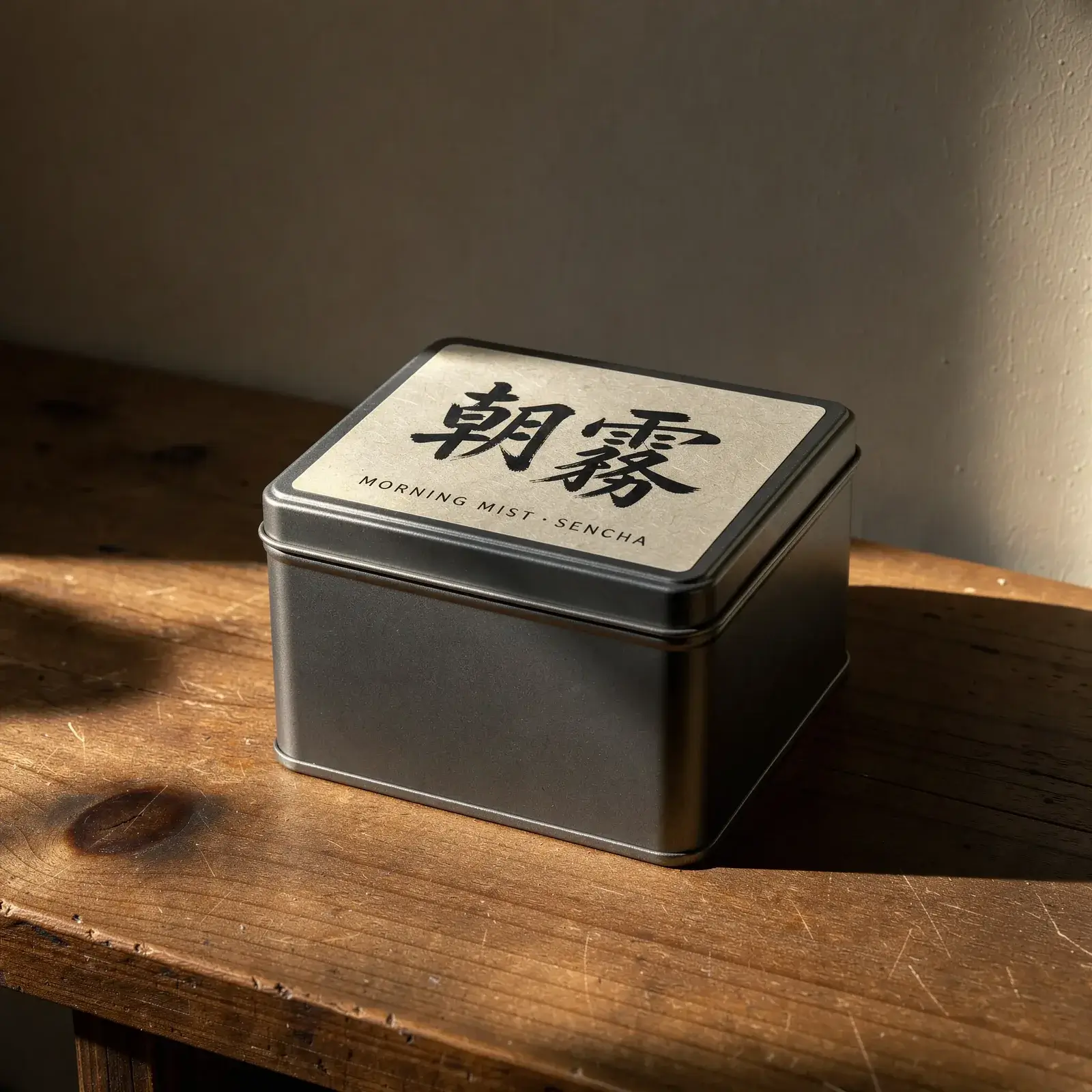 A square metal tea tin on a sunlit wooden shelf, its lid printed with the kanji 朝霧 in black brush strokes above MORNING MIST · SENCHA in small capitals