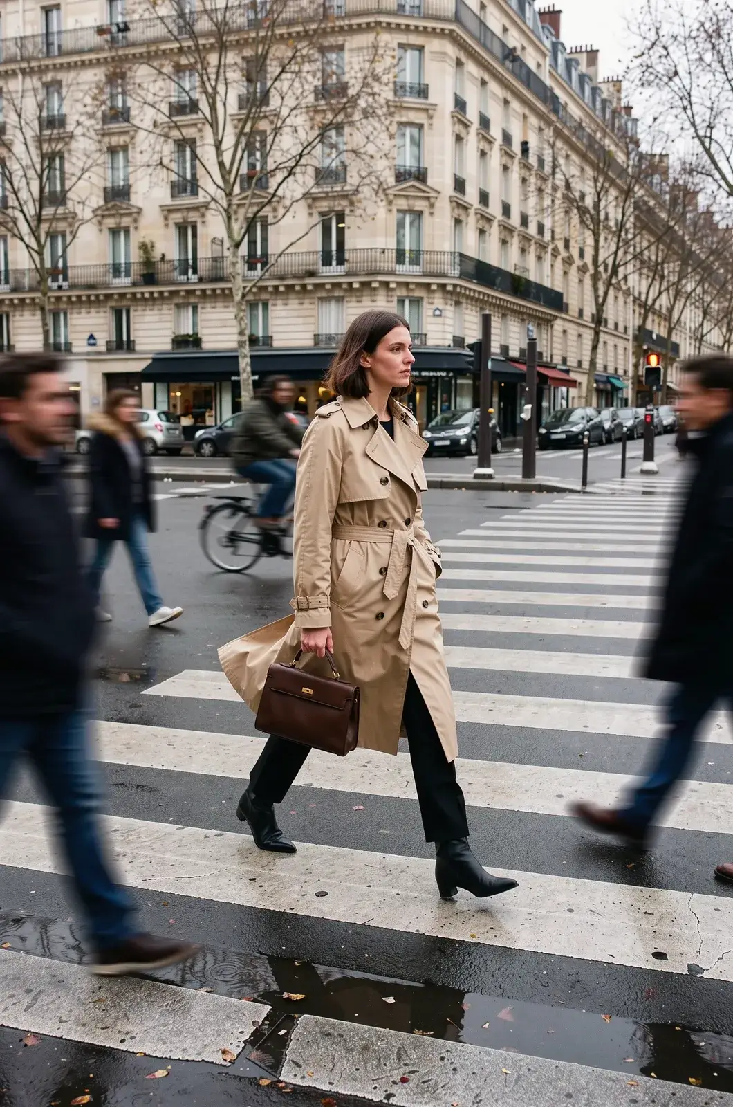 A woman in a sand trench coat strides across a wet Paris crosswalk, carrying a brown handbag, passers-by blurred on either side