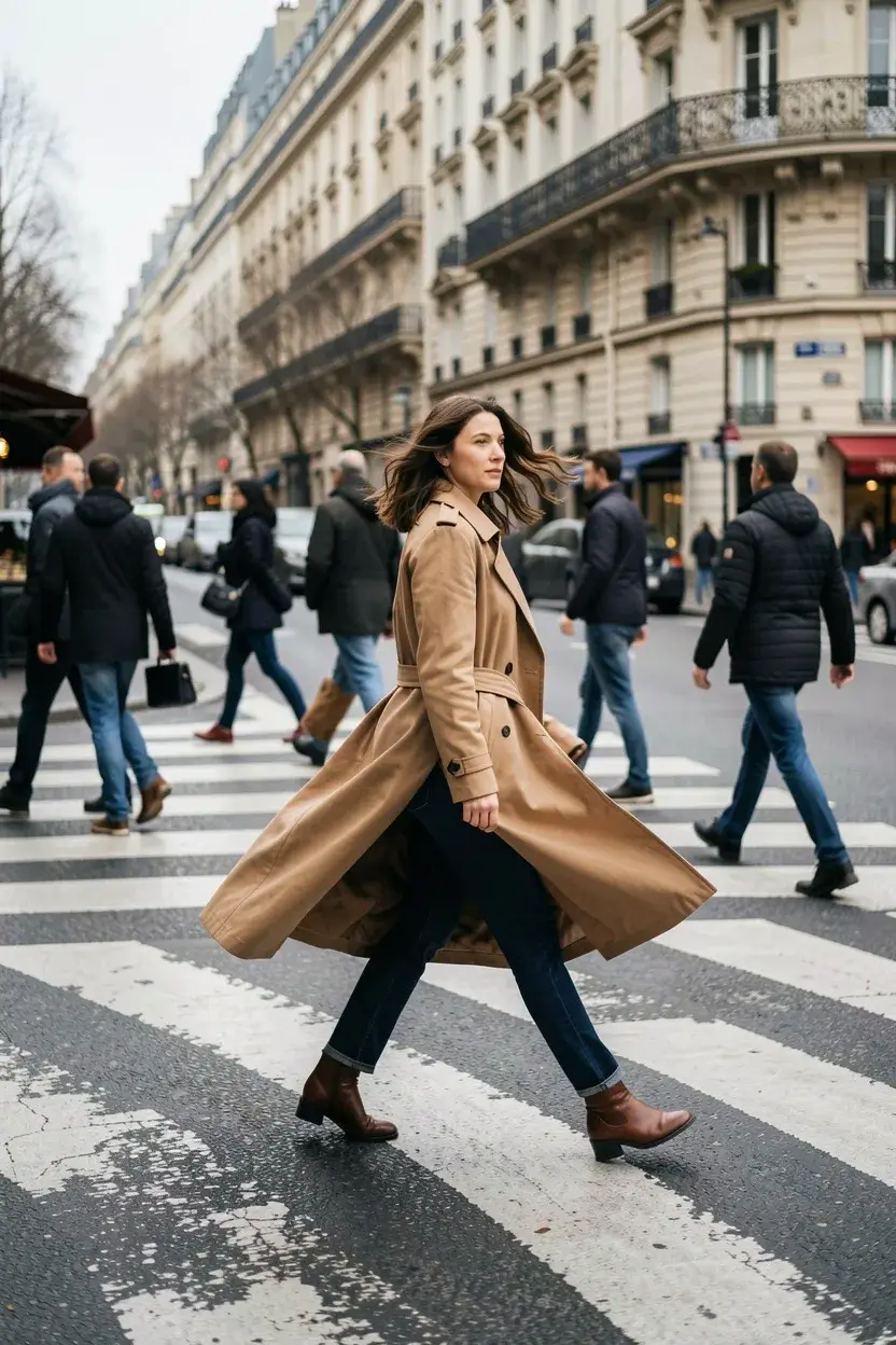 A woman in a sand trench coat and jeans crosses a Paris crosswalk, the coat flaring behind her, sharp passers-by and a long boulevard behind