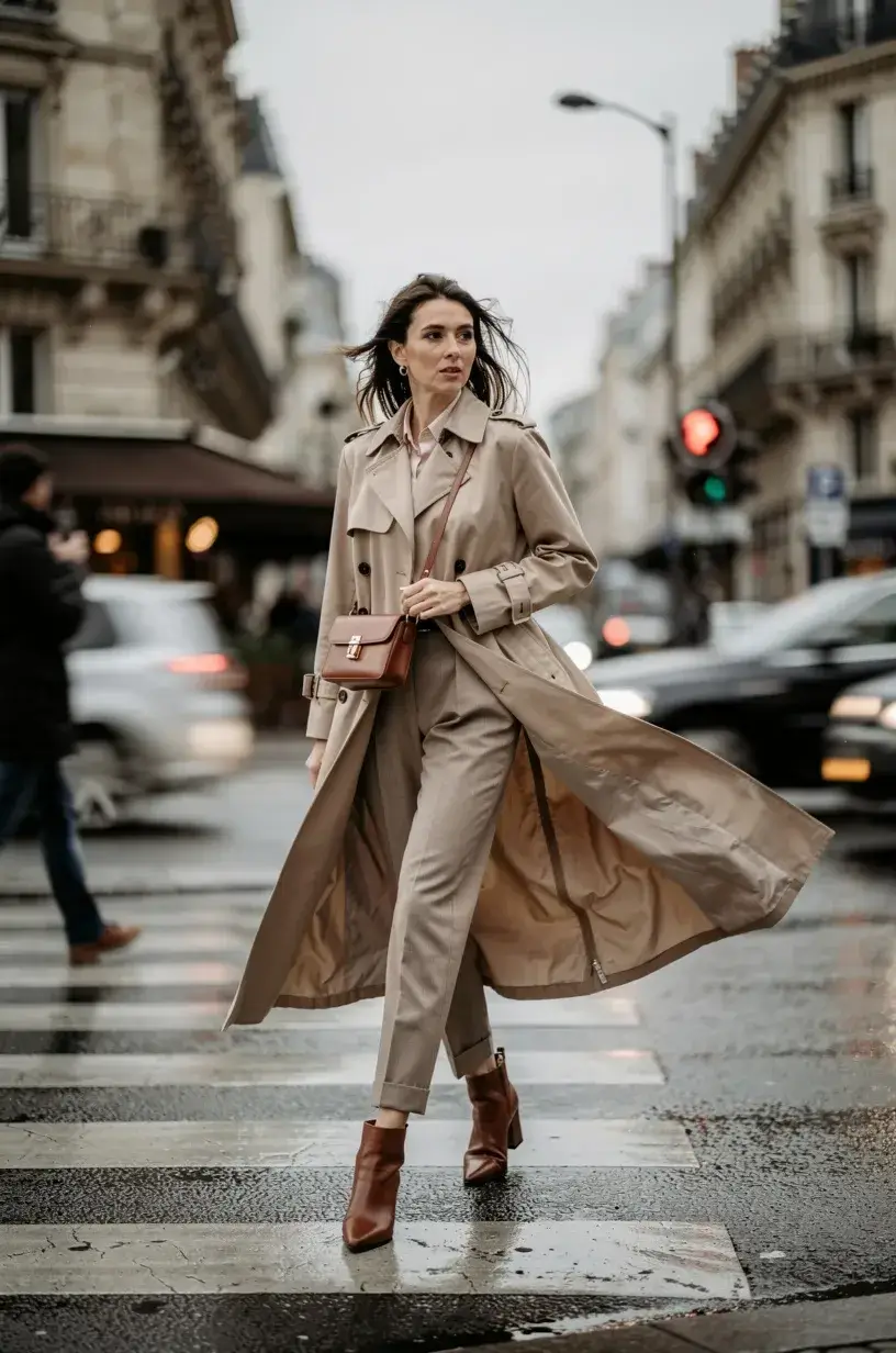 A woman in a sand trench coat and matching trousers crosses a Paris street, the long coat flaring in the wind, cars and lights soft behind