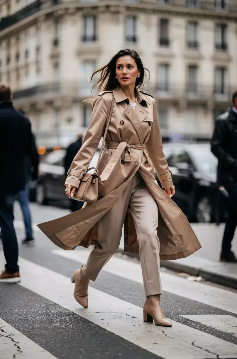 A woman in a belted sand trench coat walks across a crosswalk mid-stride, the hem swinging out, Paris facades and passers-by soft behind
