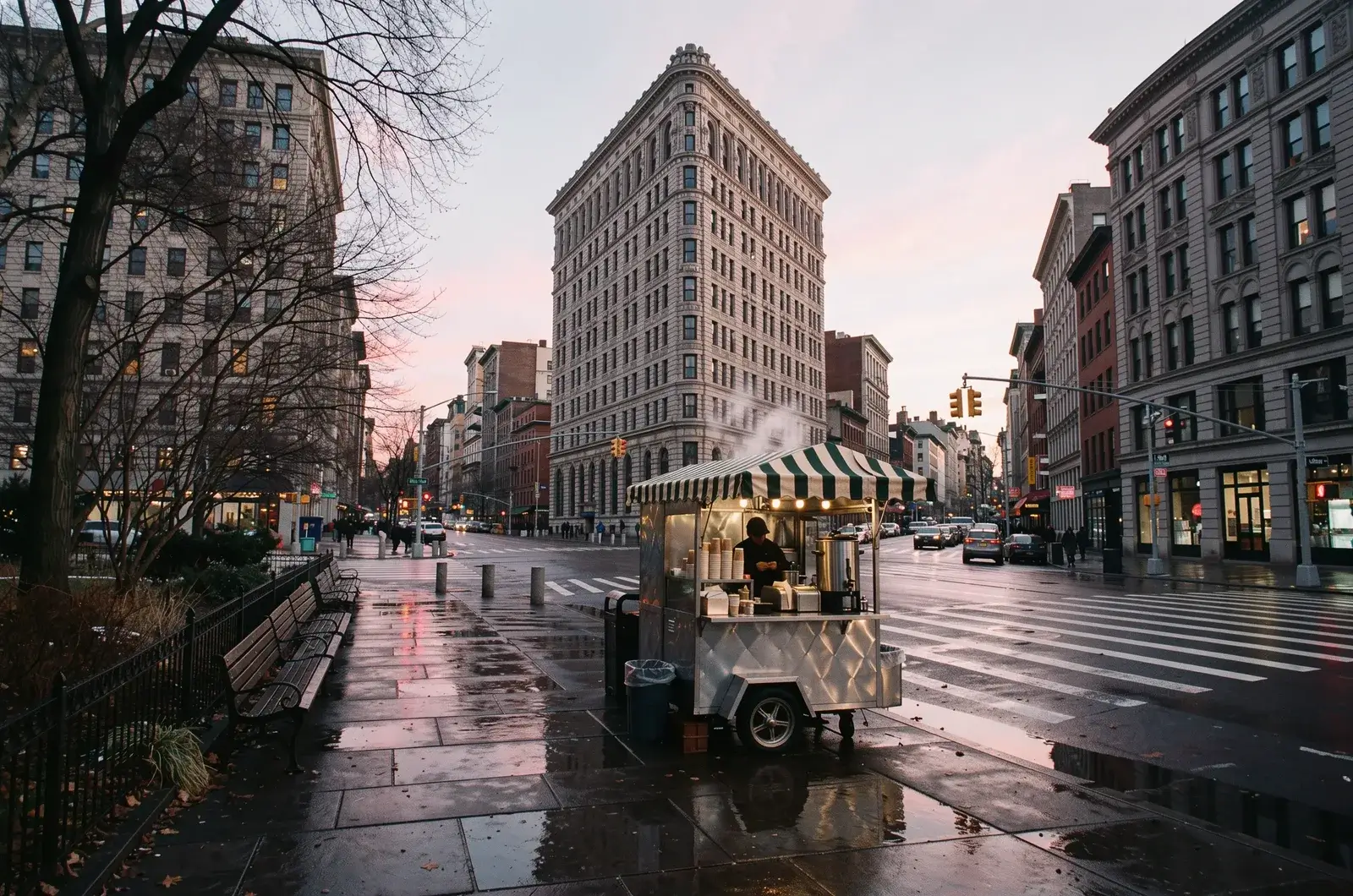A wide, squat stone building at dawn that is not the Flatiron, a coffee cart with a striped awning steaming on the wet pavement in front of it