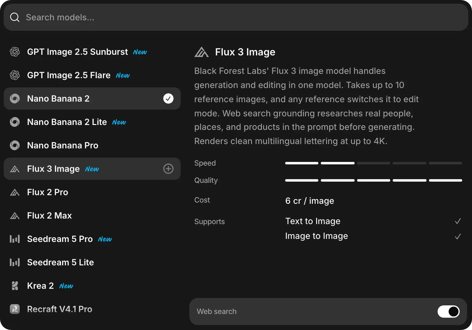 The model menu with Flux 3 Image highlighted. Below its details, the Web search switch is on.