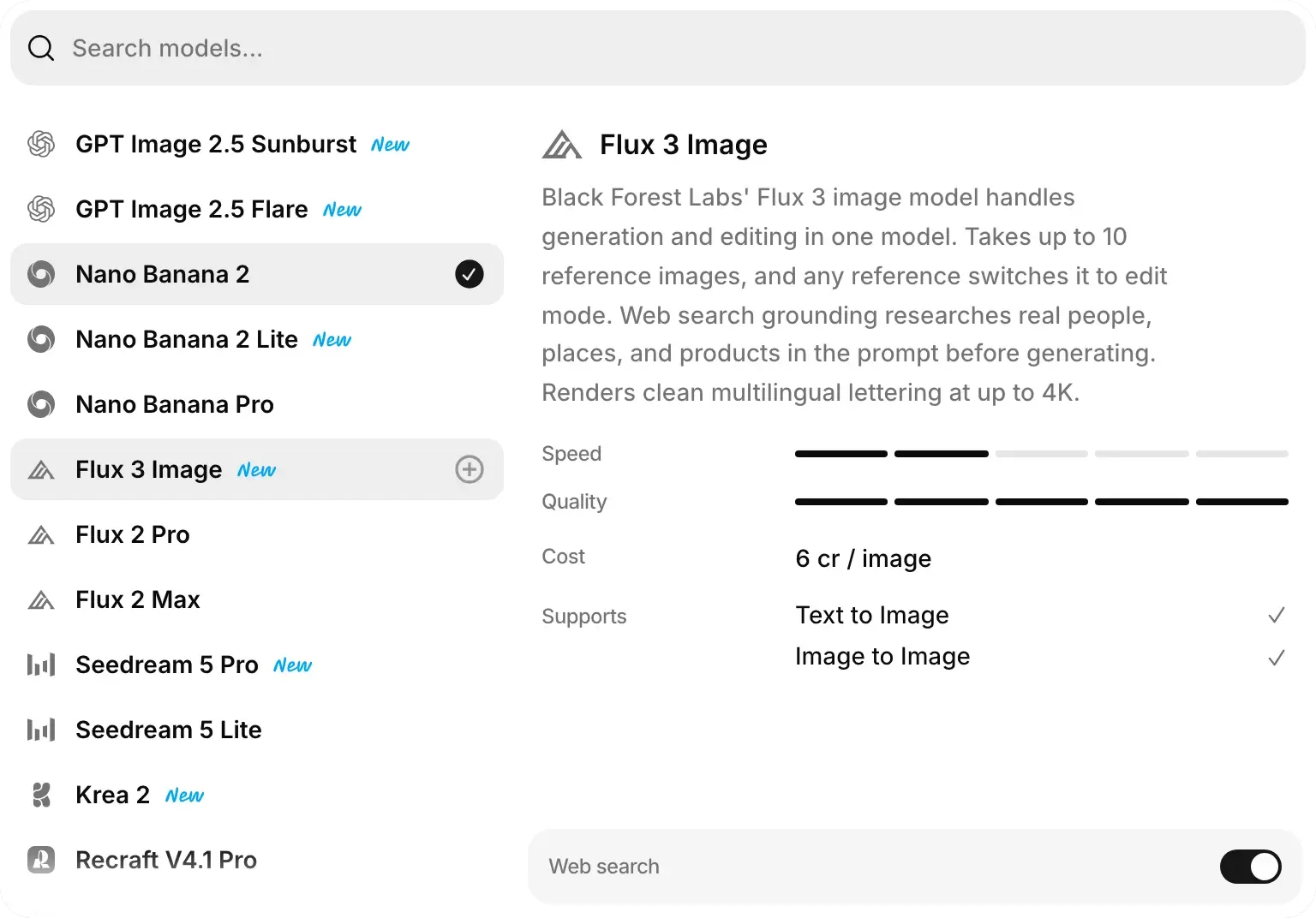 The model menu with Flux 3 Image highlighted. Below its details, the Web search switch is on.