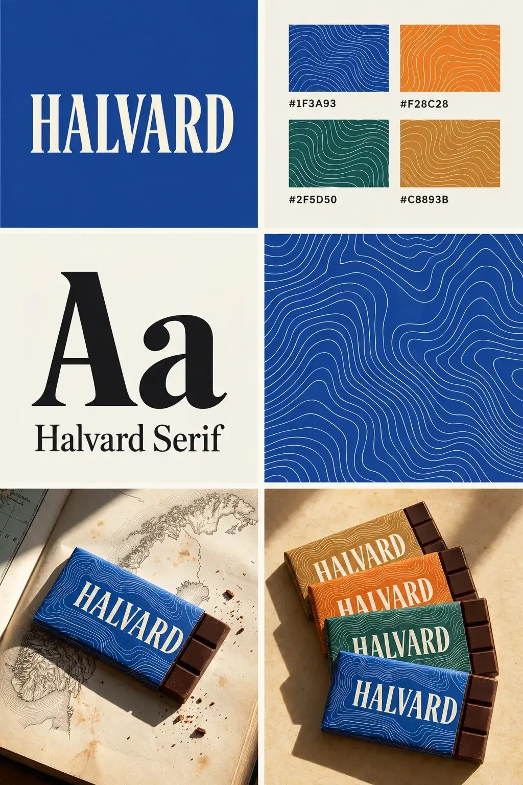 A six-panel brand board for Halvard chocolate: the HALVARD wordmark on cobalt, four swatches with hex codes, a black Aa specimen named Halvard Serif, the contour pattern, a cobalt bar on an old map, and four coloured bars fanned in sunlight