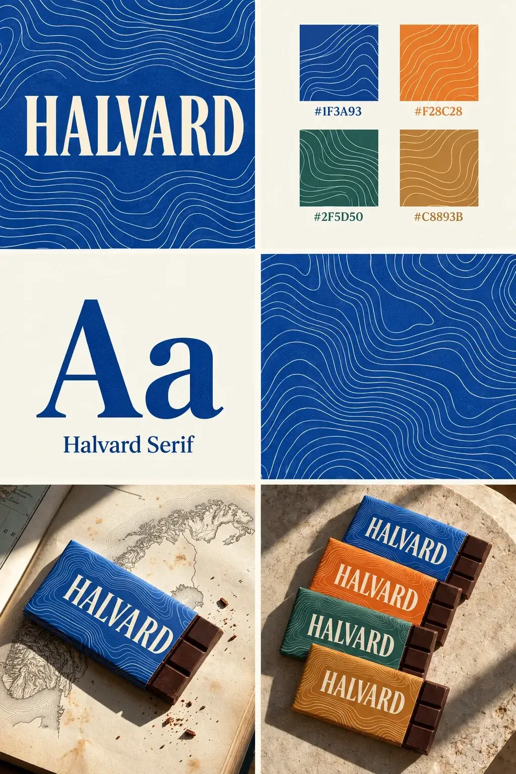 A six-panel brand board for Halvard chocolate: the cream HALVARD wordmark on cobalt, four contour-line colour swatches with their hex codes, an Aa type specimen named Halvard Serif, the contour pattern alone, a cobalt bar on an old map of Norway, and four bars in the four flavour colours in hard sun