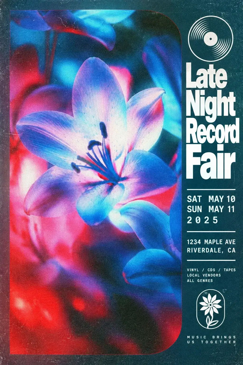 A neon-lit lily on a poster for the Late Night Record Fair, with invented dates in May 2025, an invented address in Riverdale, CA, and a tagline nobody asked for