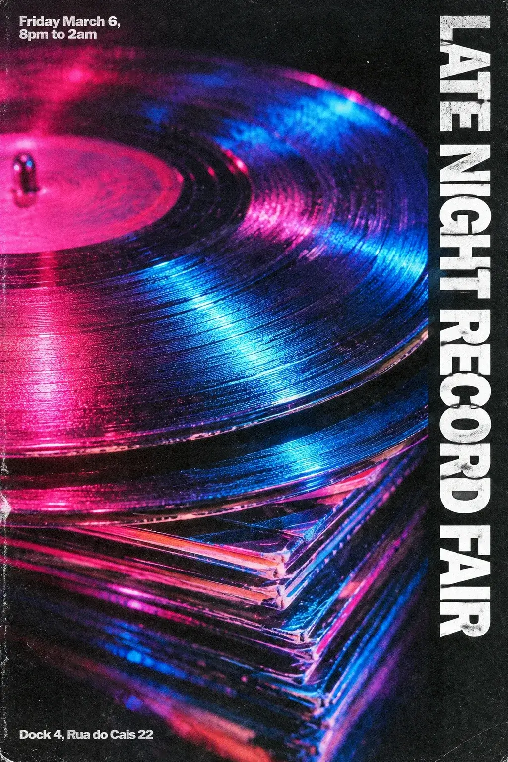 A stack of vinyl records in magenta and blue flash light, with LATE NIGHT RECORD FAIR set vertically down the right edge and the date and address small in the left corners