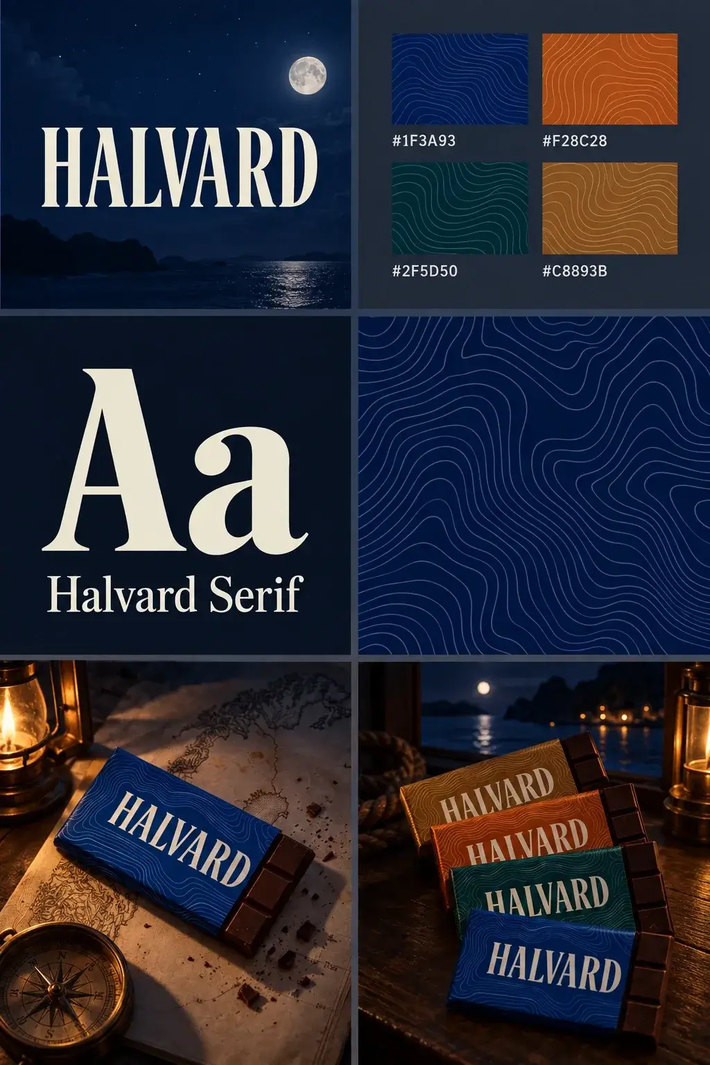 The Halvard brand board turned to night in every panel: a moon over the sea behind the wordmark, dark swatches, a cream specimen on navy, and the bars lit by a lantern beside a compass