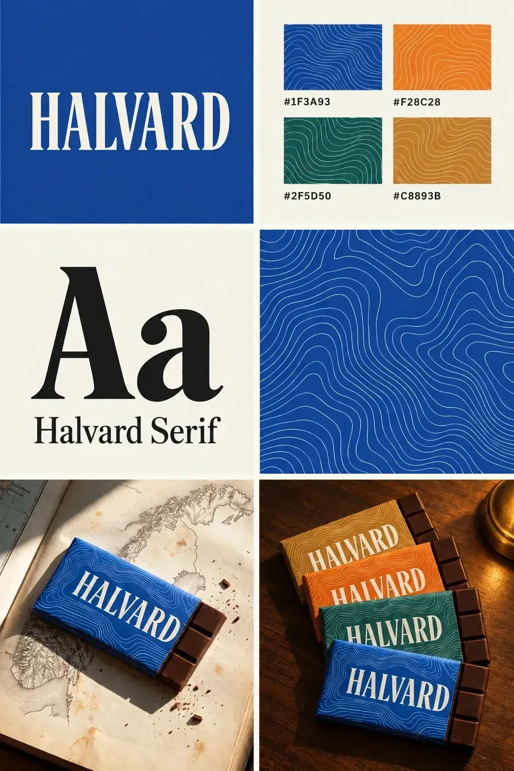 The Halvard brand board with five panels unchanged and only the bottom-right panel redone: the four bars on a dark wooden table under one warm lamp