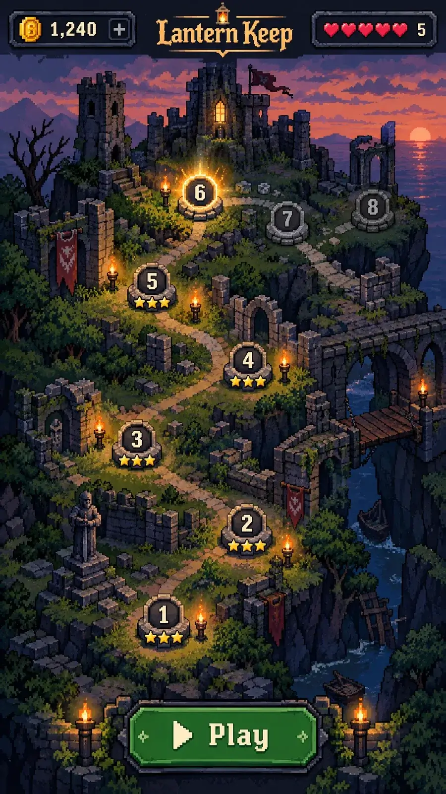 A pixel-art phone level-select screen for Lantern Keep: a ruined castle at dusk, eight numbered stone nodes on a torch-lit path with three gold stars on levels 1 to 5, level 6 glowing, coins 1,240 and five hearts at the top, a green Play button at the bottom