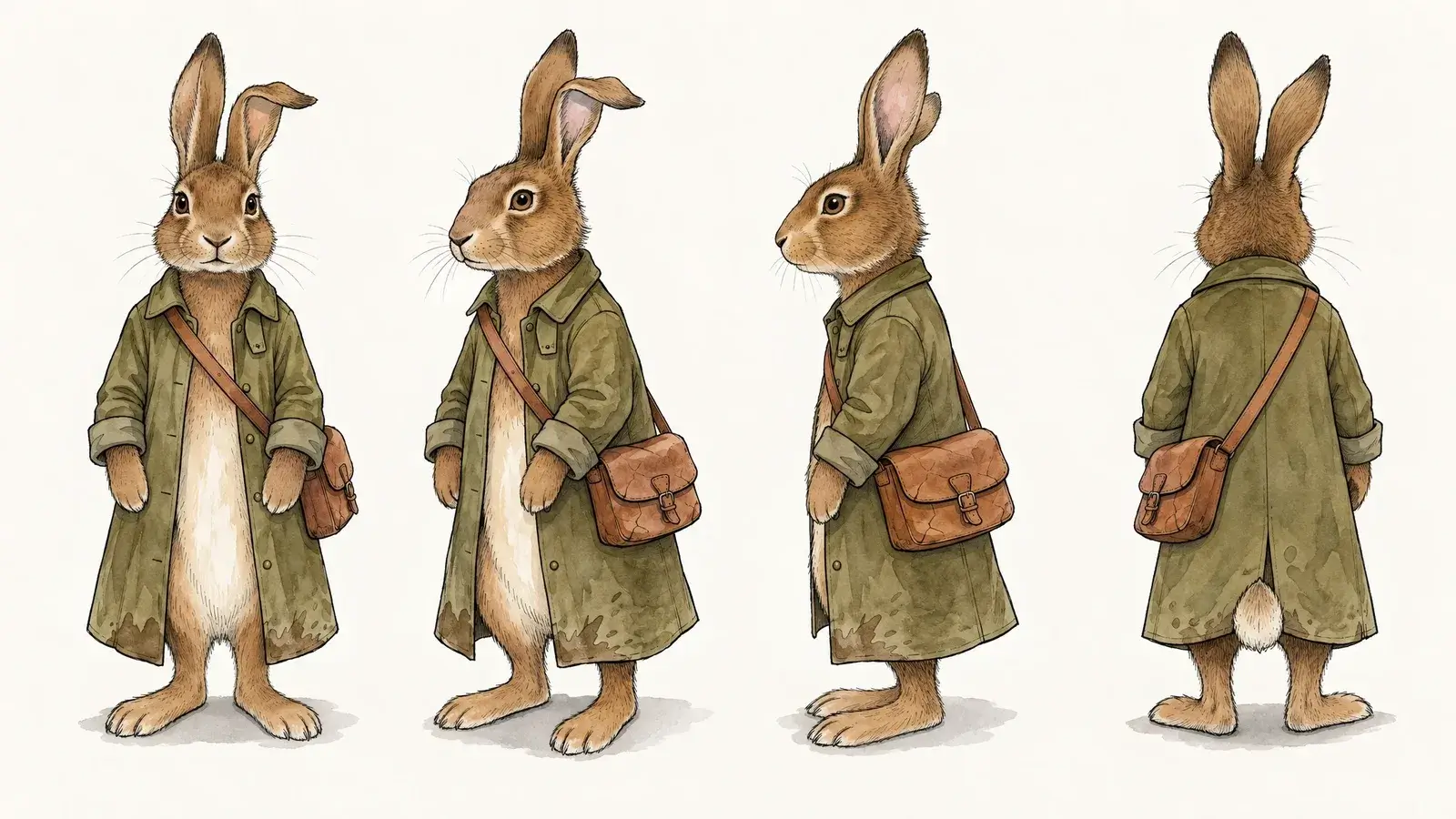 A character turnaround of Fern the brown hare in an olive coat and a leather satchel, in front, three-quarter, side and back views at the same height, in ink and watercolour on off-white