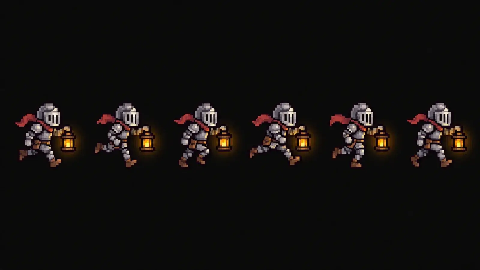 Six pixel-art frames of a small armored knight in a red scarf running right with a glowing lantern, evenly spaced on near-black