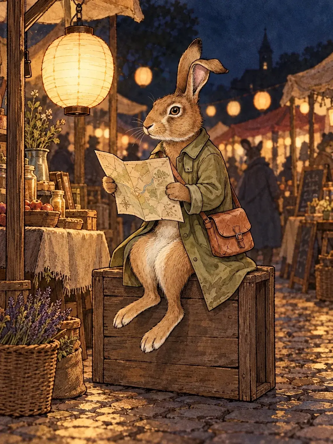 Painterly scene of Fern perched on a wooden crate under a paper lantern at a night market, reading a map