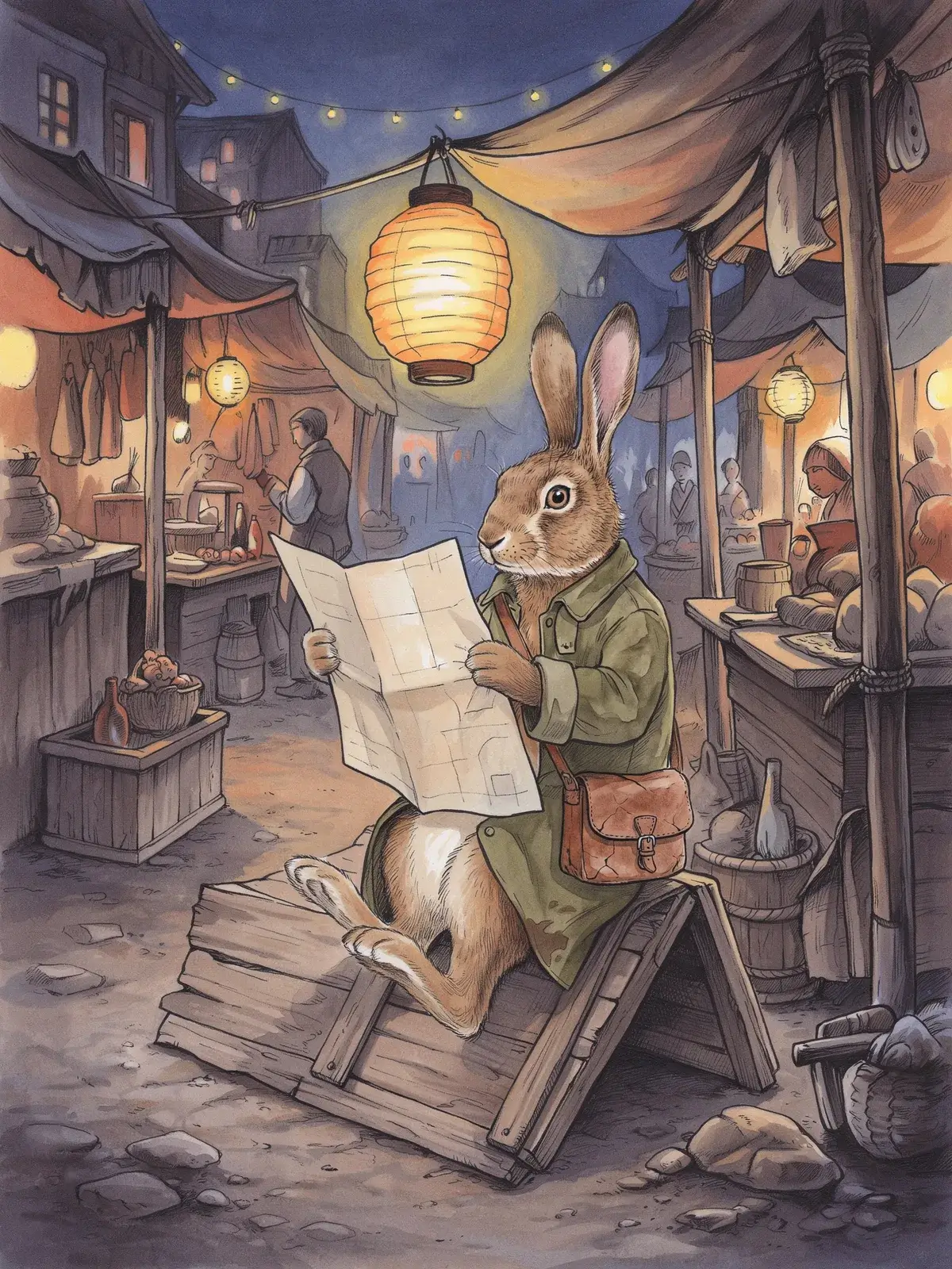 Fern reading a large paper map on a broken crate beneath a lantern in a market lane at dusk