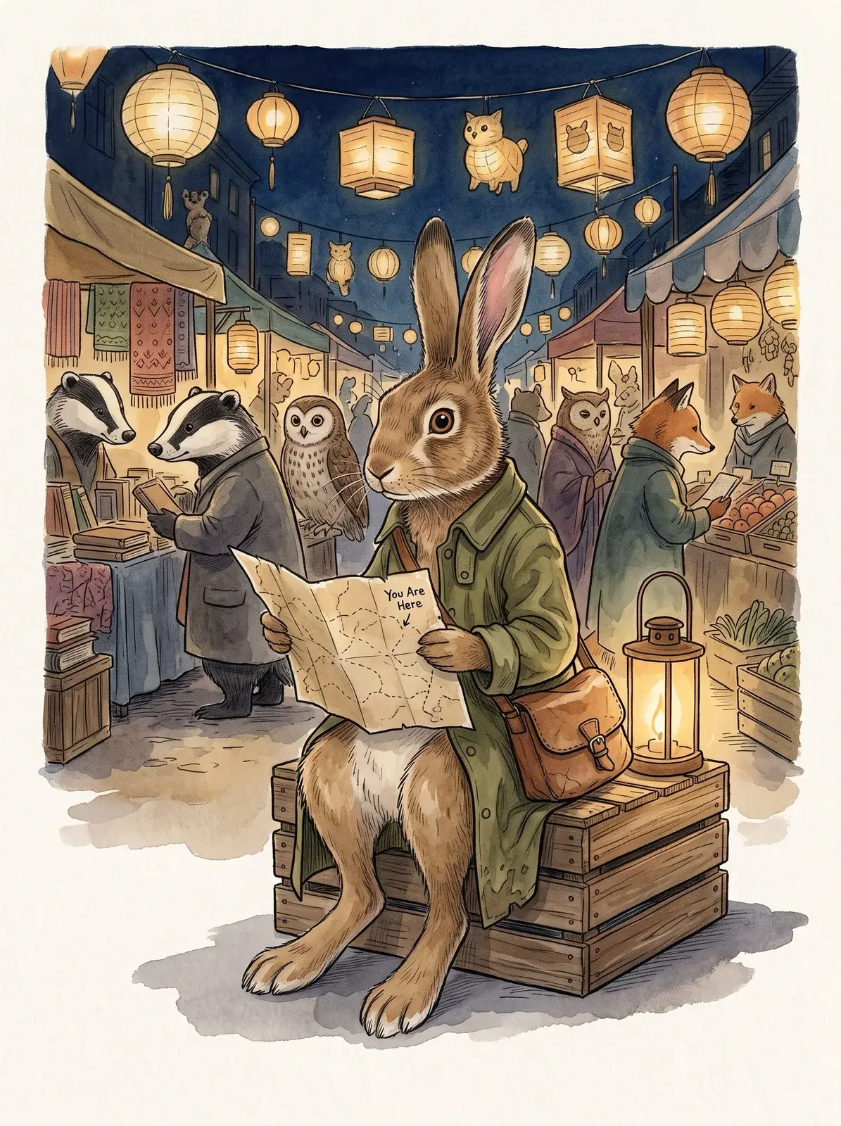 Watercolor of Fern on a crate at a lantern-lit night market reading a You Are Here map, badgers and an owl shopping behind
