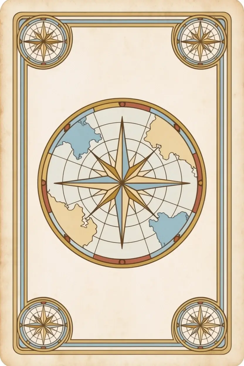 Cream card back with a compass rose over a pale world rosette in the center and a small compass medallion in each corner, inside a blue and gold border