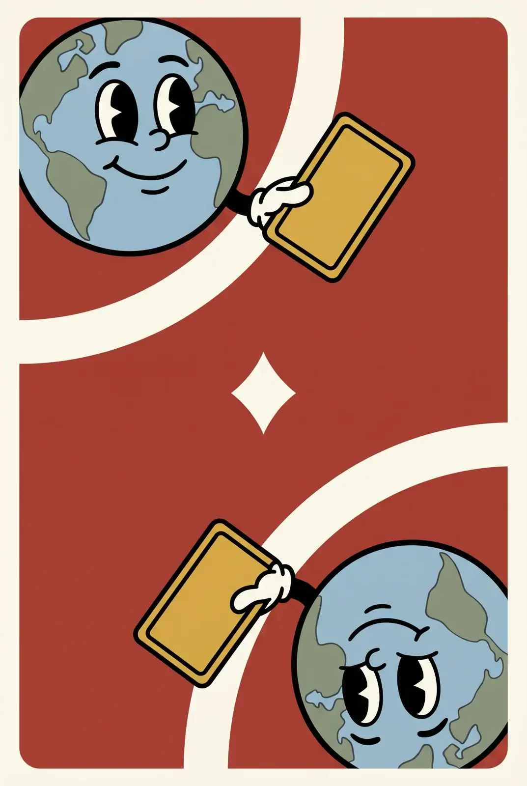 Brick-red card back with a smiling cartoon globe holding a gold card in the top-left corner, the same globe upside down in the bottom-right, and a small cream diamond in the middle