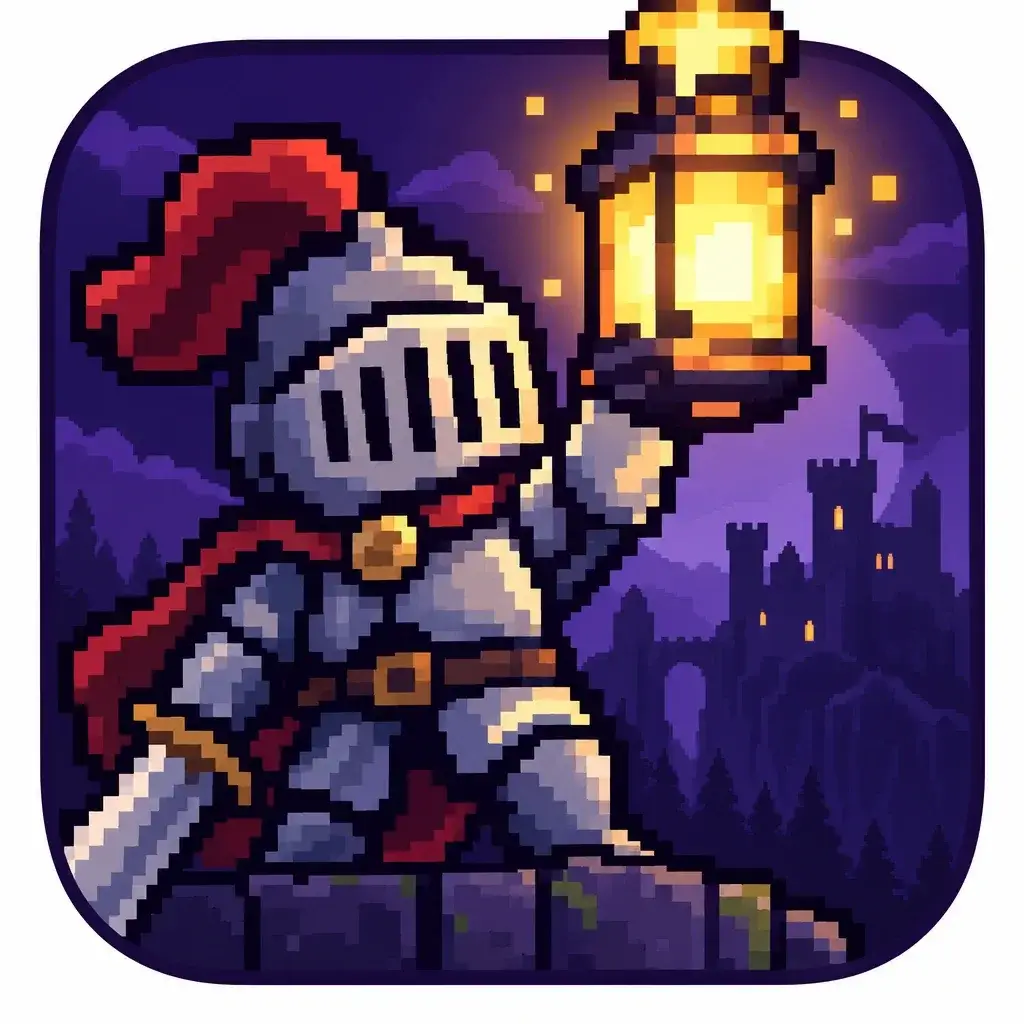 Rounded app icon of a pixel knight with a red plume raising a lantern past the top edge, castle towers at night behind