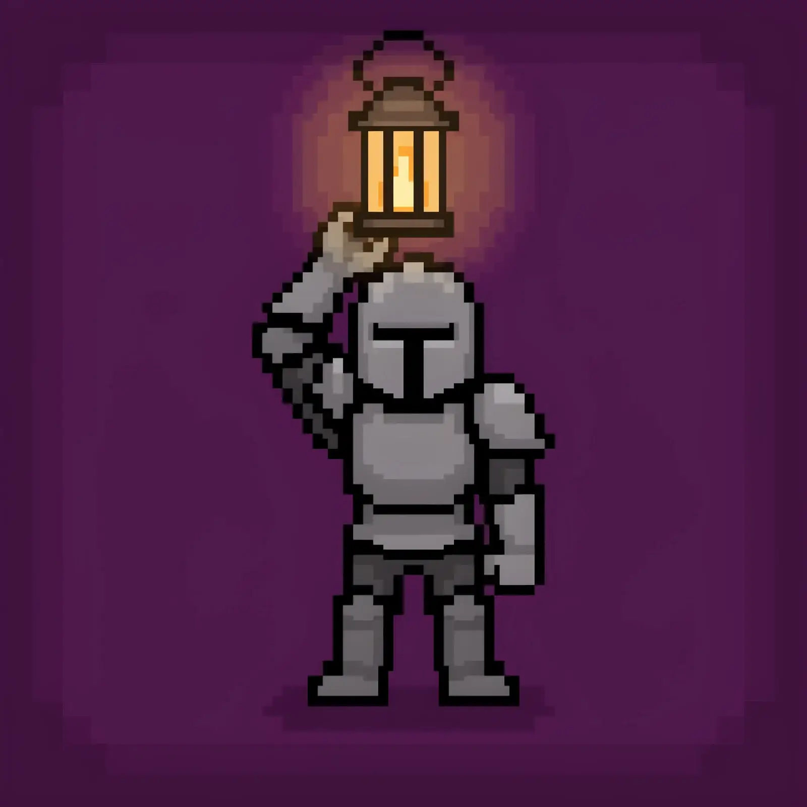 Grey pixel knight holding a lantern above its head inside a plain dark magenta square