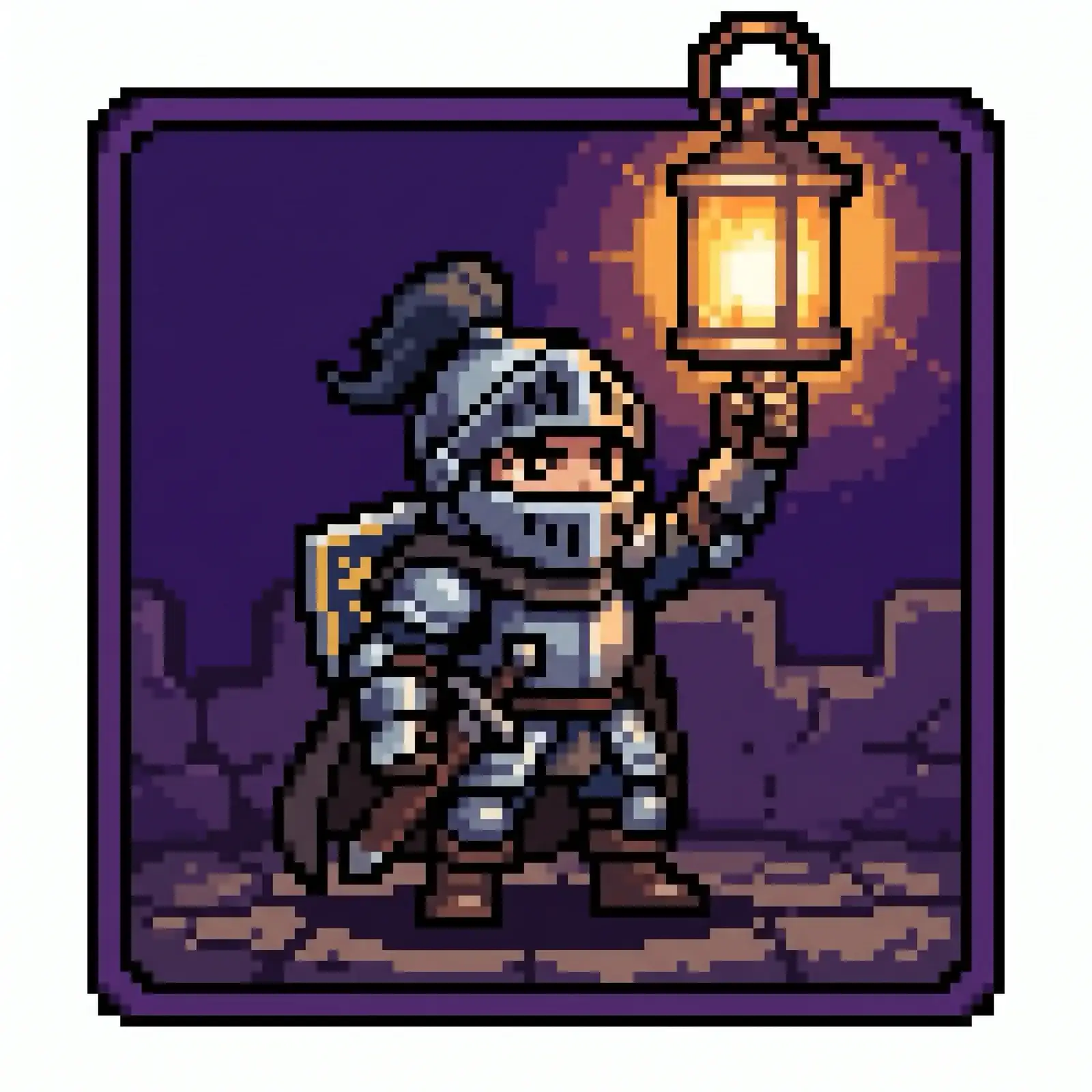 Pixel-art knight holding a glowing lantern that breaks the top edge of a violet square, a ruined wall behind