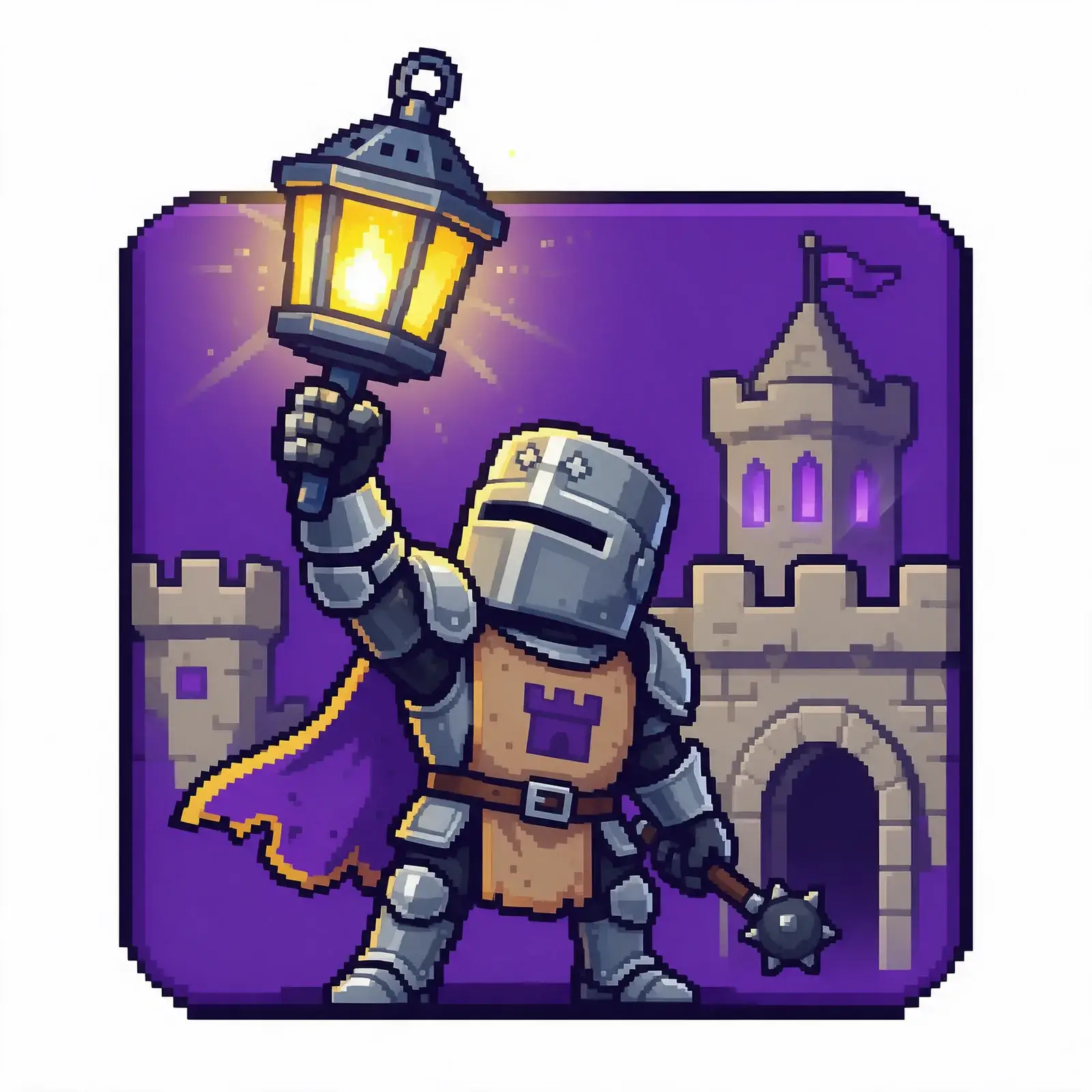 Rounded app icon of a pixel knight with a flail raising a lantern above a violet castle, the lantern breaking the top edge
