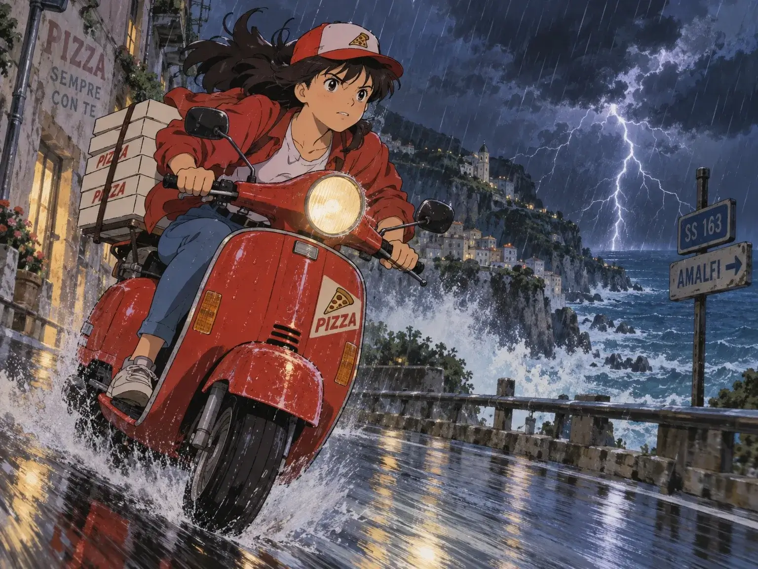 Cel anime girl on a red pizza scooter splashing through rain on a cliff road, lightning over the sea behind