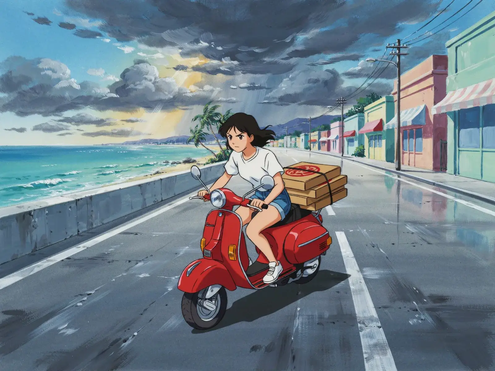 Cel anime girl on a red scooter with pizza boxes on a dry sunny seafront road, storm clouds gathering ahead