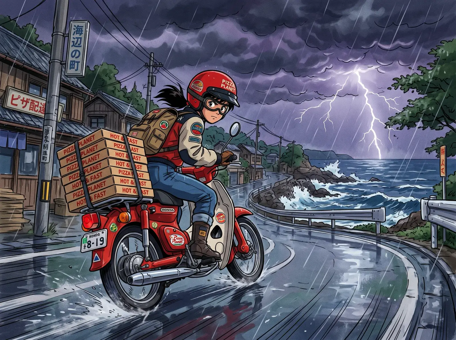 Cel anime girl in a red helmet riding a red scooter stacked with pizza boxes along a wet coast road as lightning strikes the sea