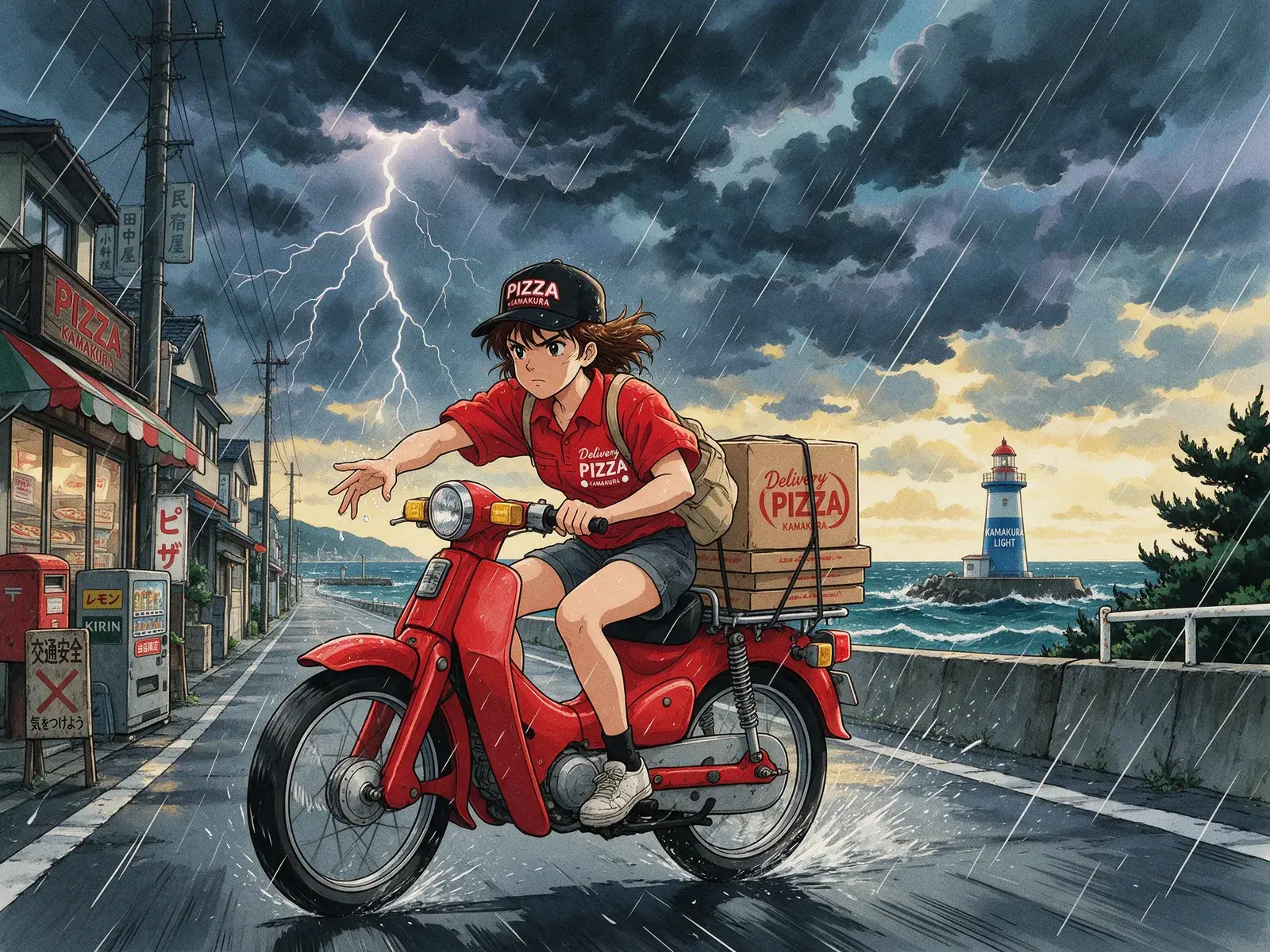 Cel anime girl in a red cap on a red pizza scooter in the rain on a seaside street, a lighthouse and lightning behind