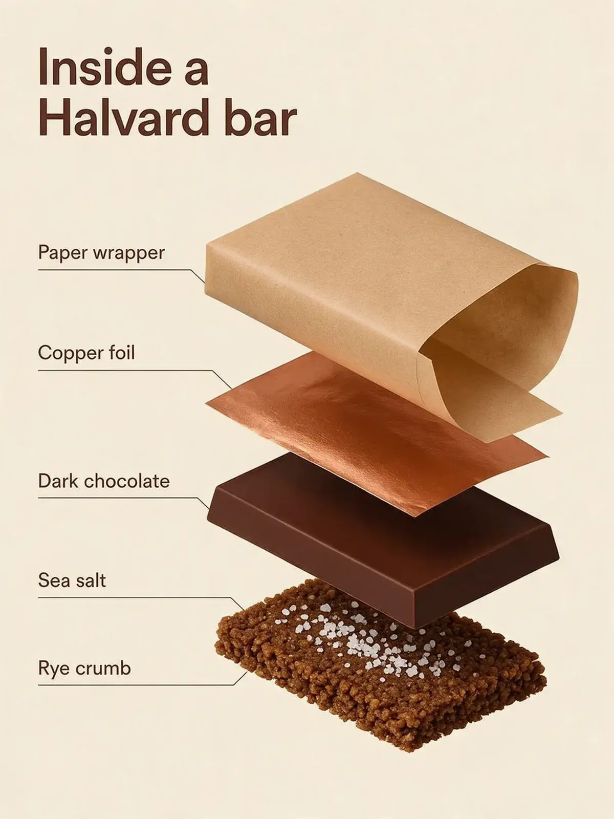 Exploded diagram titled Inside a Halvard bar: kraft wrapper, copper foil, dark chocolate, sea salt and rye crumb, labelled on the left