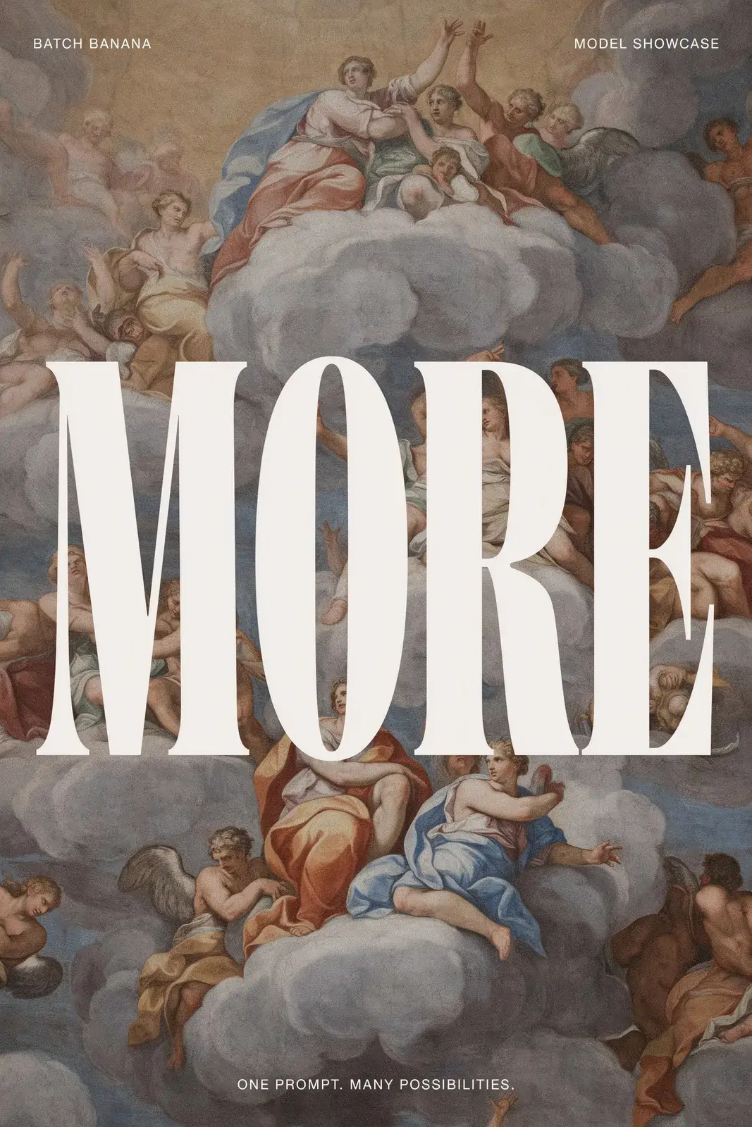 Fresco poster crowded with figures on grey clouds under a gold sky, MORE in white serif letters spanning the full width