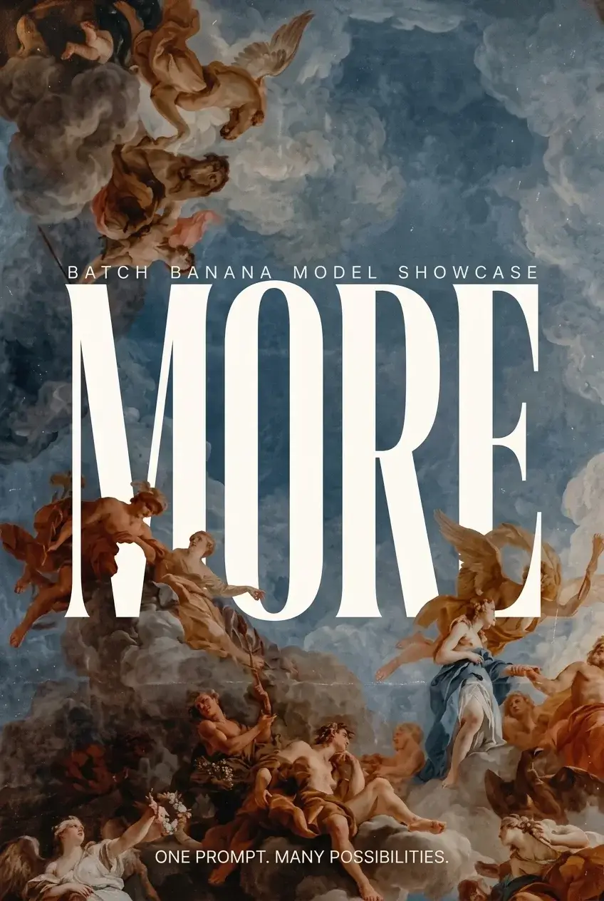 Fresco poster with MORE in tall condensed white letters over slate-blue clouds, BATCH BANANA MODEL SHOWCASE on one line just above it, figures crowding the lower half