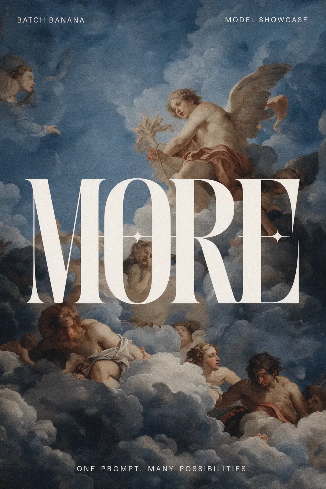 Fresco poster with MORE in a white serif crossed by a hairline with small stars, a winged figure above and bearded figures in the clouds below