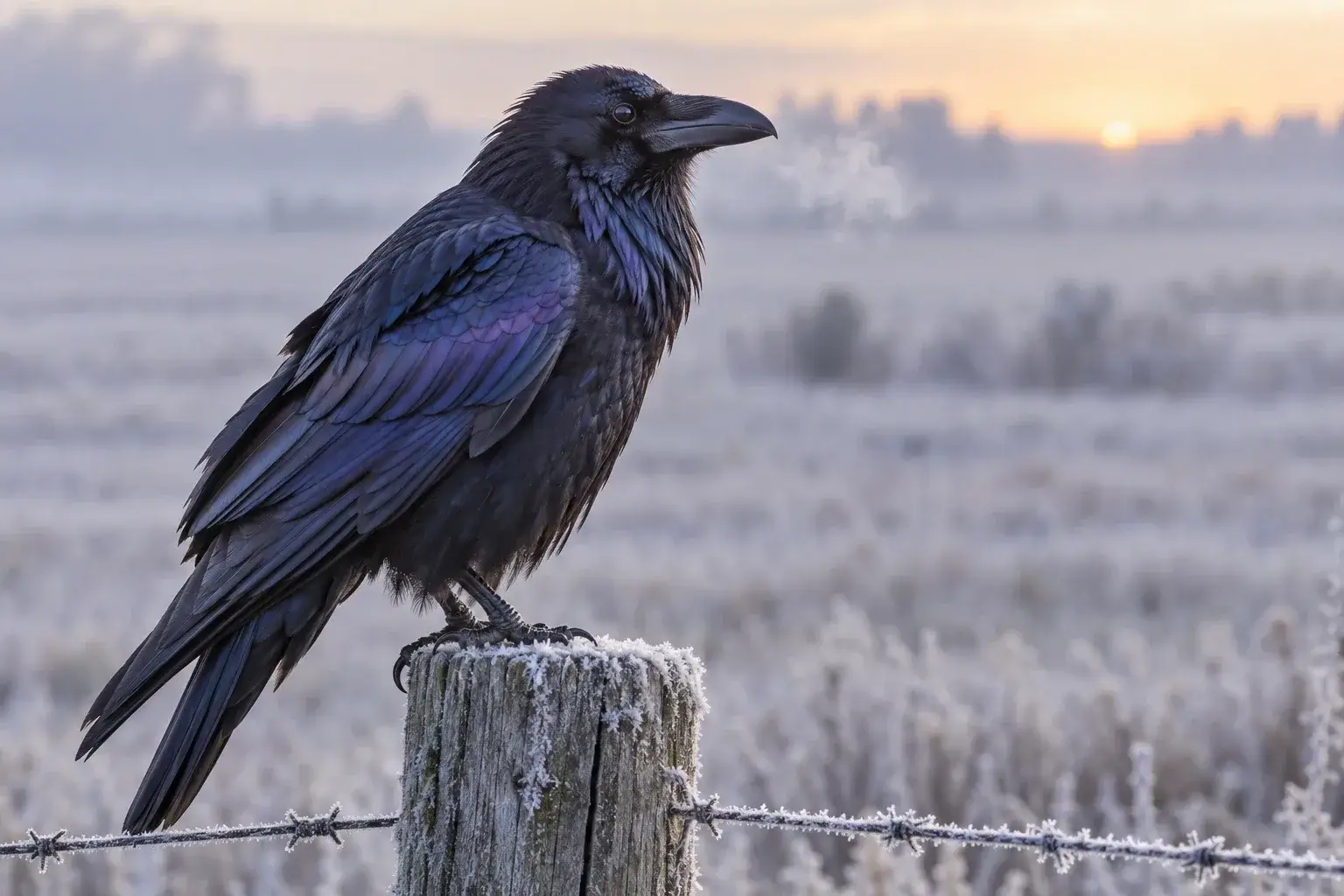 Close photo of a raven on a frosted post, violet sheen on its feathers and breath in the cold air