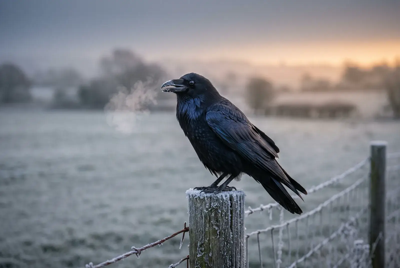 Raven on a frosted fence post at dawn, its breath visible, a pale sunrise over a frozen field
