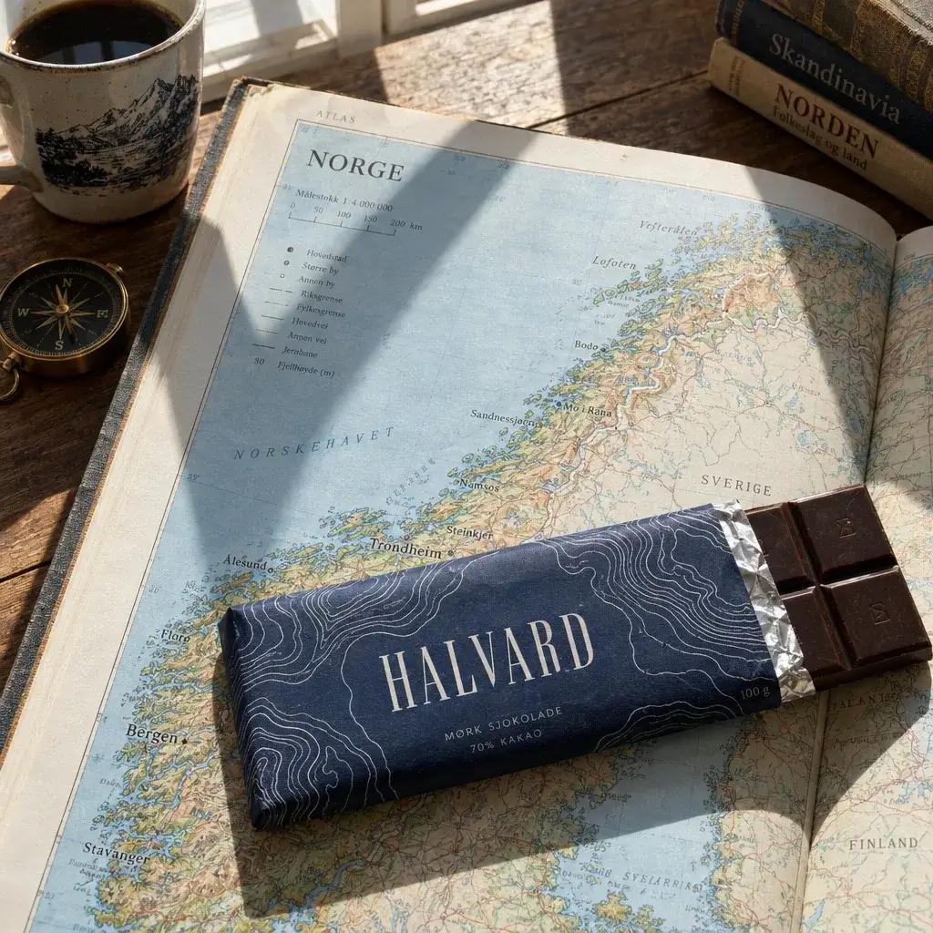 Halvard bar on an atlas of Norway beside a coffee cup and compass, the wordmark printed with a stray dot as HALVAR.D, silver foil showing at the open end