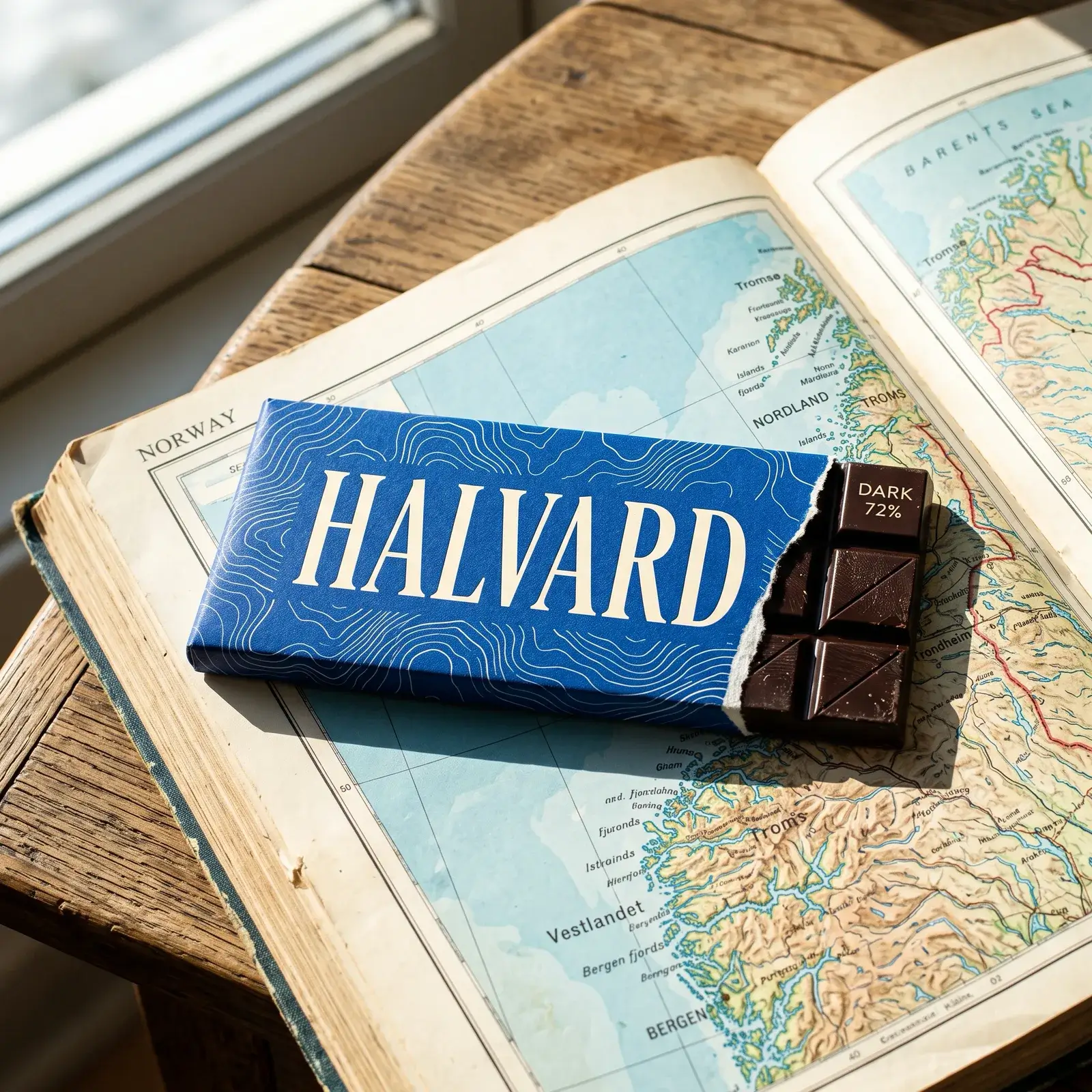 Halvard bar on an open atlas of Norway by a window, HALVARD large on the cobalt wrapper and a small added DARK 72% label